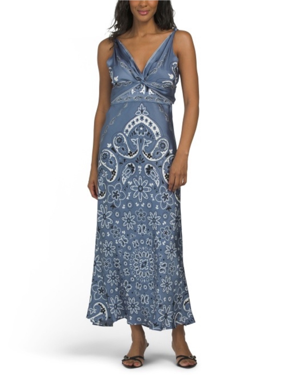 Caroline Constas Paisley V-Neck Blue Satin Midi Dress Size Large NEW